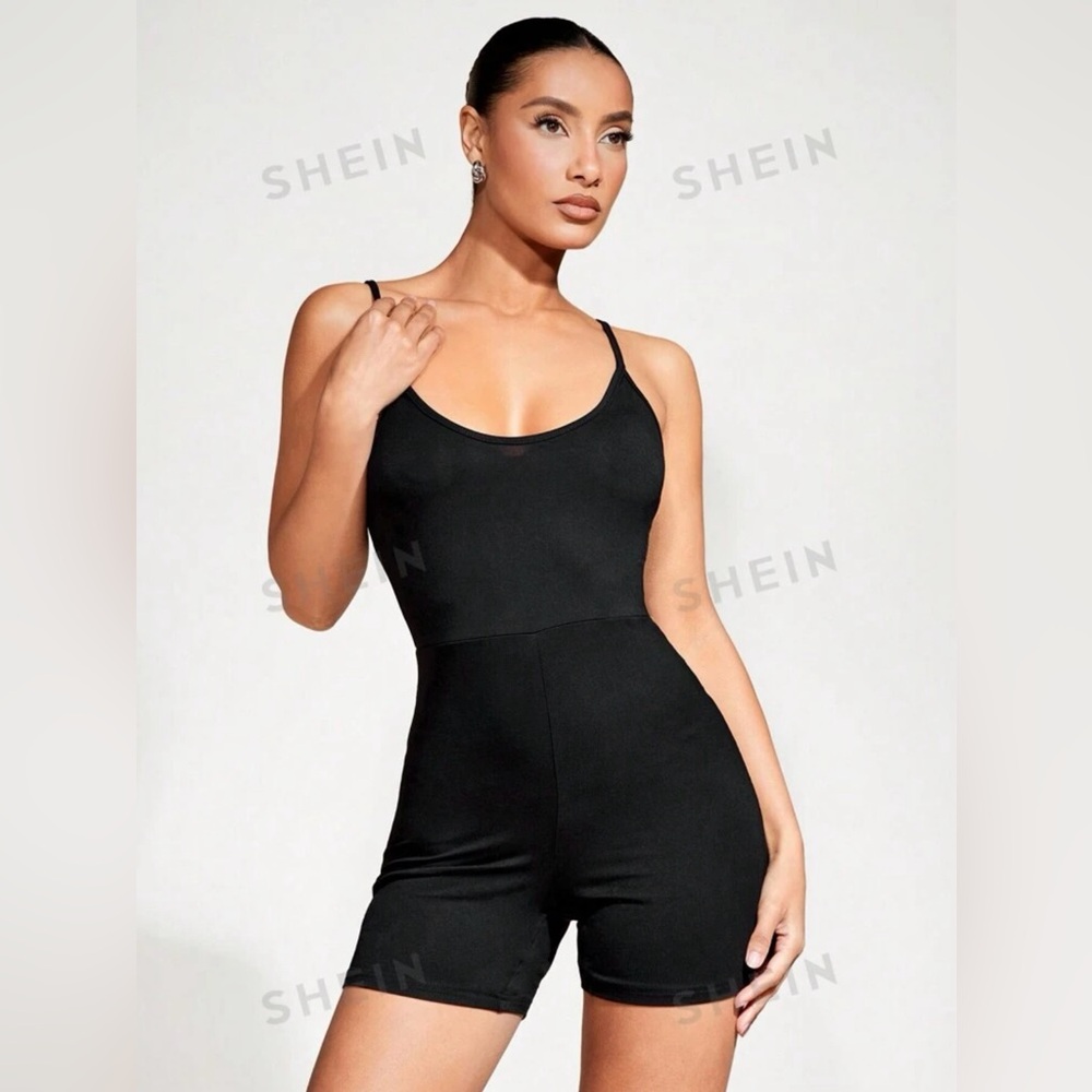 SHEIN BASICS Solid Color Bodycon Jumpsuit With Spaghetti Straps